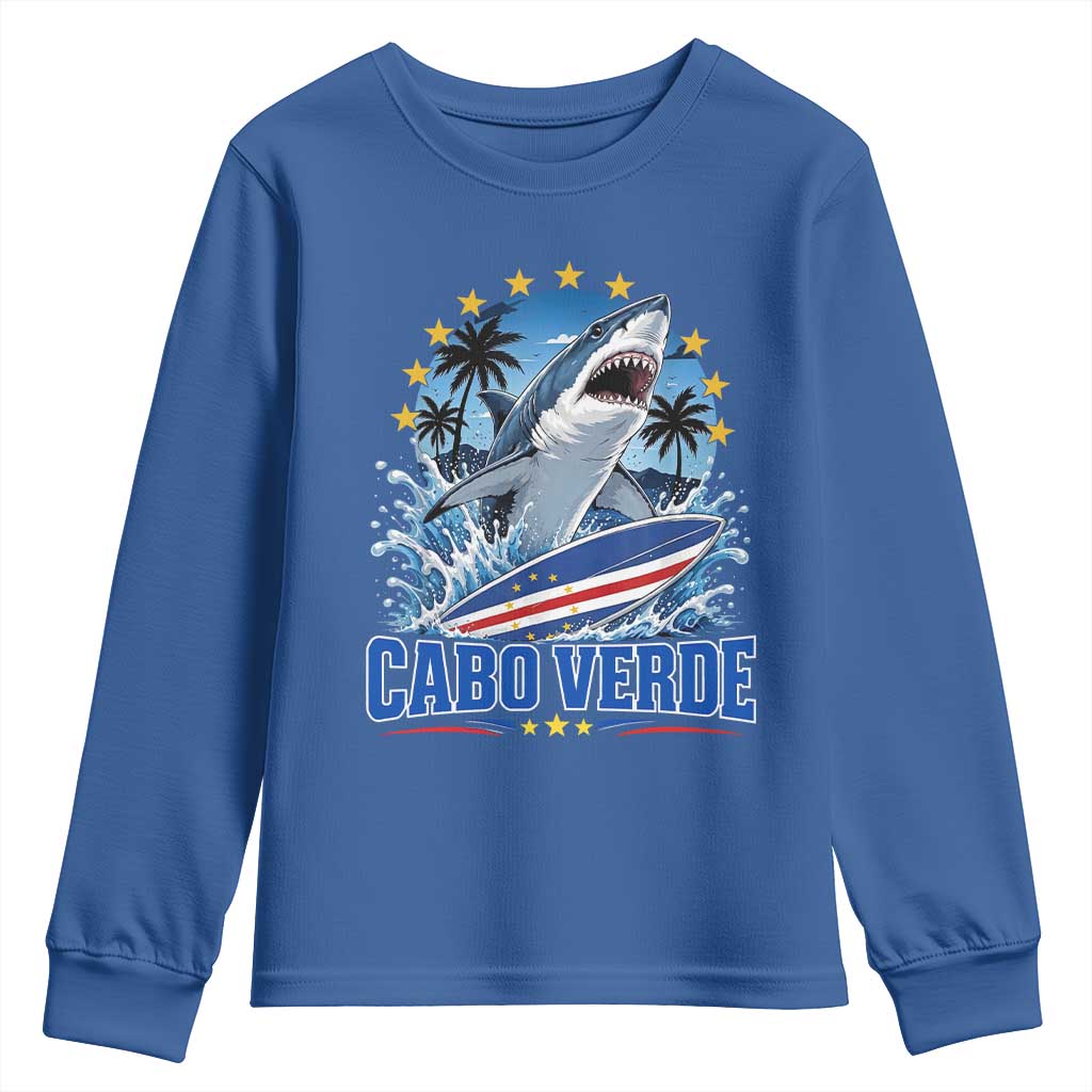 Cabo Verde Surfing Blue Shark Surfboard Youth Sweatshirt Cape Verde Flag Tropical Ocean Wave TS02 Royal Blue Print Your Wear