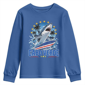 Cabo Verde Surfing Blue Shark Surfboard Youth Sweatshirt Cape Verde Flag Tropical Ocean Wave TS02 Royal Blue Print Your Wear
