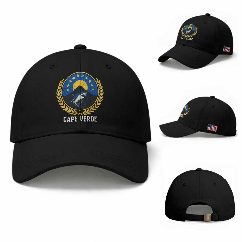 Cape Verde Volcano Blue Sharks Gold Laurel Crest Graphic Baseball Cap Retro Cabo Verde Heritage Pride TS02 Baseball Cap Universal Fit Black Print Your Wear