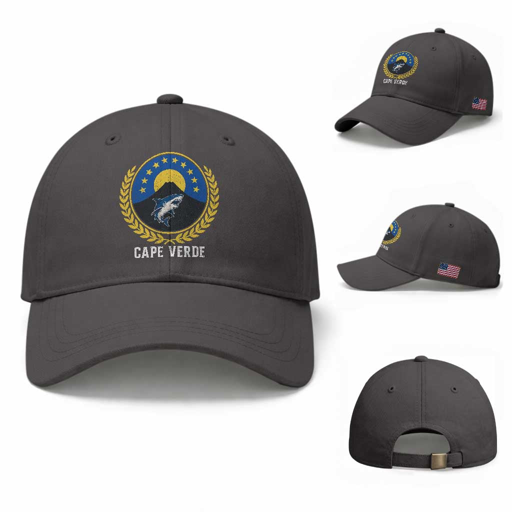 Cape Verde Volcano Blue Sharks Gold Laurel Crest Graphic Baseball Cap Retro Cabo Verde Heritage Pride TS02 Baseball Cap Universal Fit Dark Gray Print Your Wear