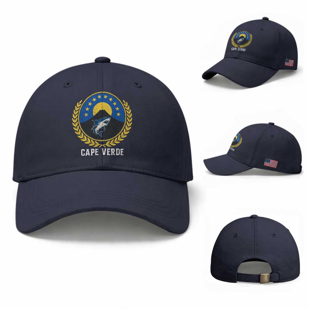 Cape Verde Volcano Blue Sharks Gold Laurel Crest Graphic Baseball Cap Retro Cabo Verde Heritage Pride TS02 Baseball Cap Universal Fit Navy Print Your Wear