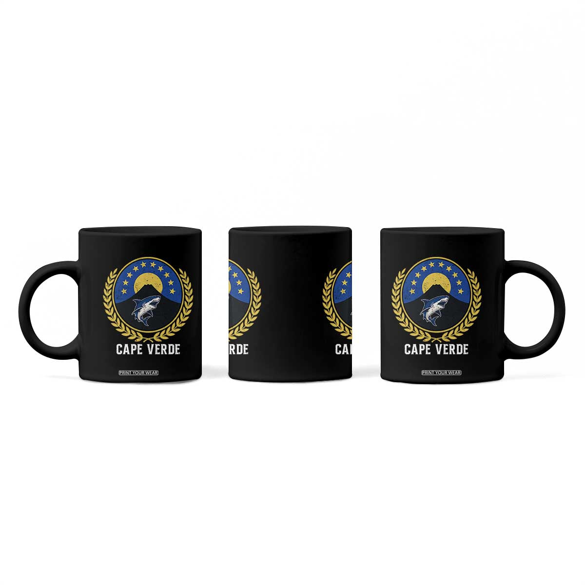 Cape Verde Volcano Blue Sharks Gold Laurel Crest Graphic Coffee Mug Retro Cabo Verde Heritage Pride TS02 Print Your Wear