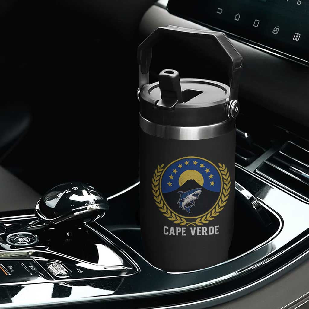 Cape Verde Volcano Blue Sharks Gold Laurel Crest Graphic Flip Straw Tumbler Retro Cabo Verde Heritage Pride TS02 Print Your Wear