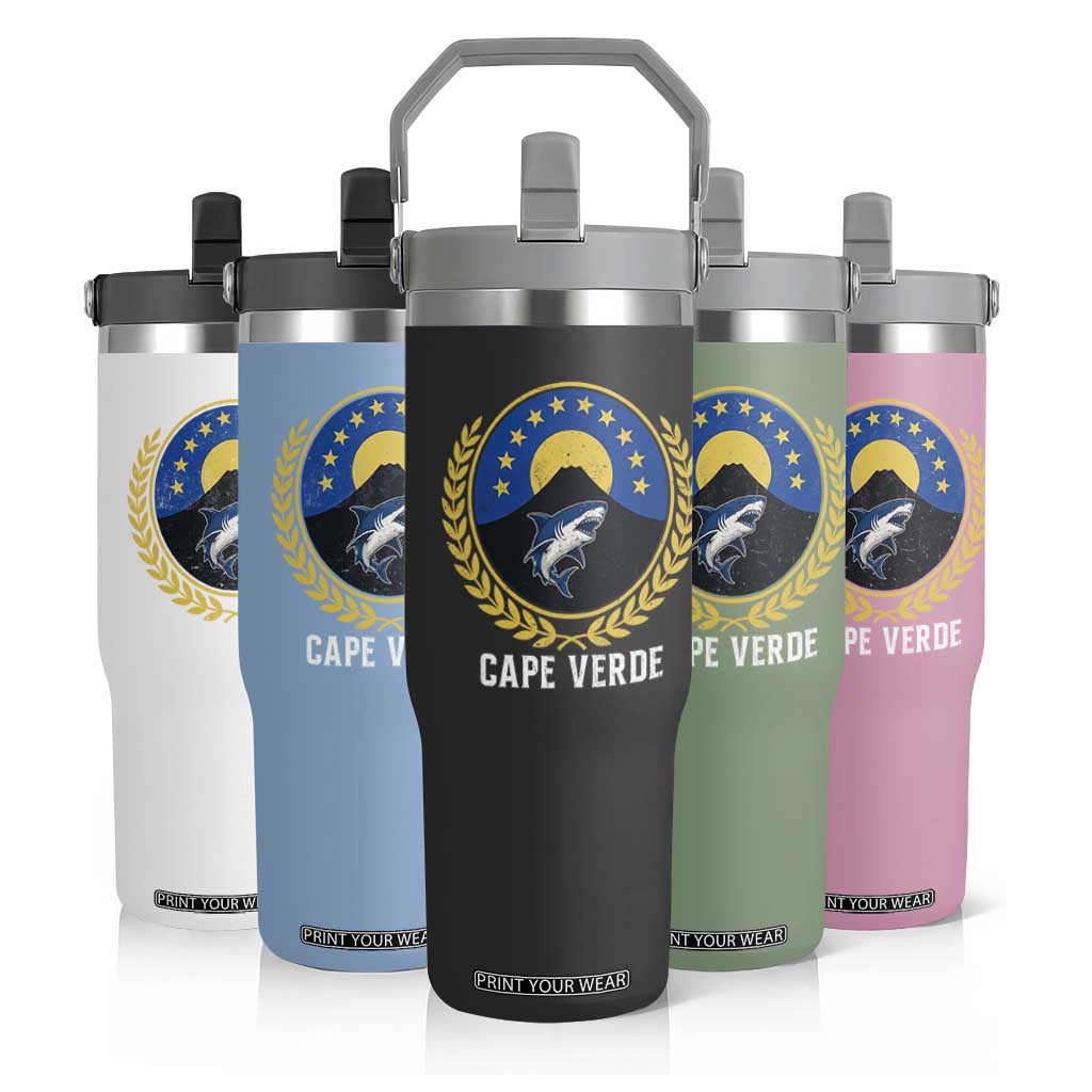 Cape Verde Volcano Blue Sharks Gold Laurel Crest Graphic Flip Straw Tumbler Retro Cabo Verde Heritage Pride TS02 Print Your Wear