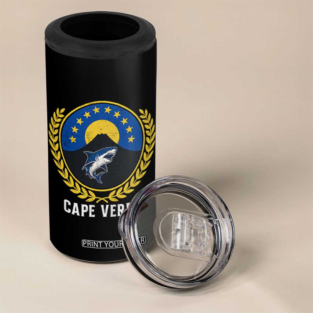 Cape Verde Volcano Blue Sharks Gold Laurel Crest Graphic 4 in 1 Can Cooler Tumbler Retro Cabo Verde Heritage Pride TS02 Print Your Wear