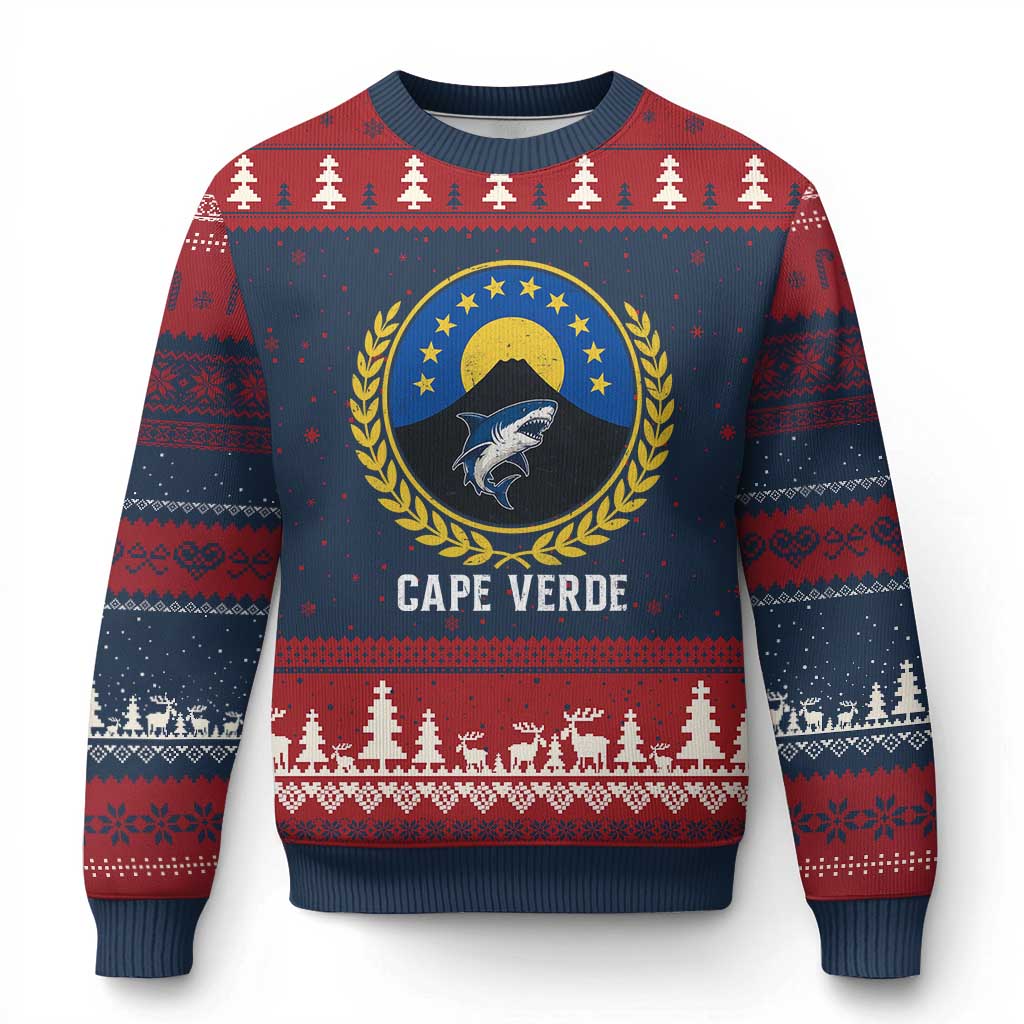 Cape Verde Volcano Blue Sharks Gold Laurel Crest Graphic Ugly Christmas Sweater Retro Cabo Verde Heritage Pride TS02 Navy Red Print Your Wear