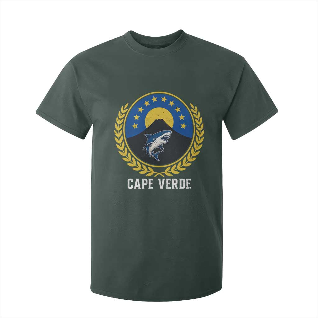 Cape Verde Volcano Blue Sharks Gold Laurel Crest Graphic T Shirt For Kid Retro Cabo Verde Heritage Pride TS02 Dark Forest Green Print Your Wear