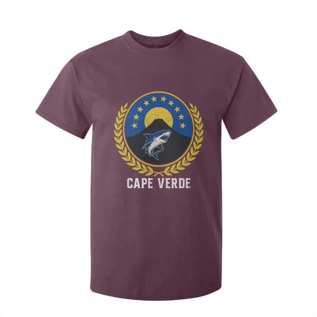Cape Verde Volcano Blue Sharks Gold Laurel Crest Graphic T Shirt For Kid Retro Cabo Verde Heritage Pride TS02 Maroon Print Your Wear