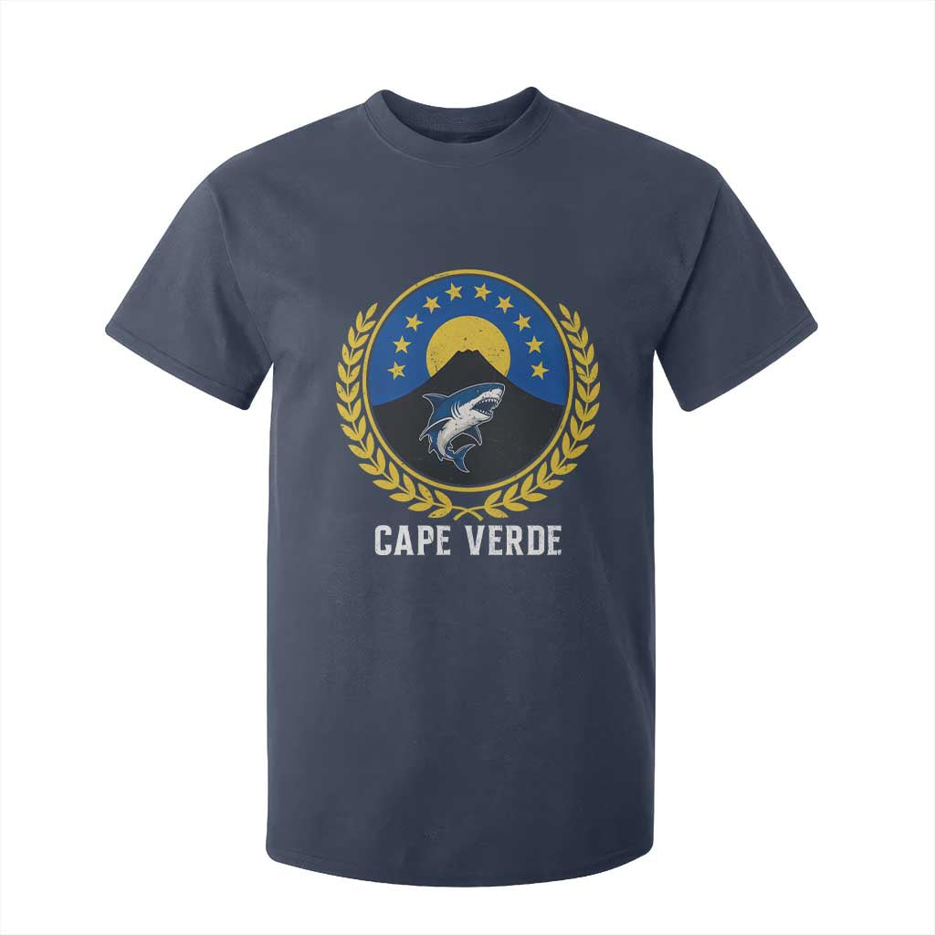 Cape Verde Volcano Blue Sharks Gold Laurel Crest Graphic T Shirt For Kid Retro Cabo Verde Heritage Pride TS02 Navy Print Your Wear