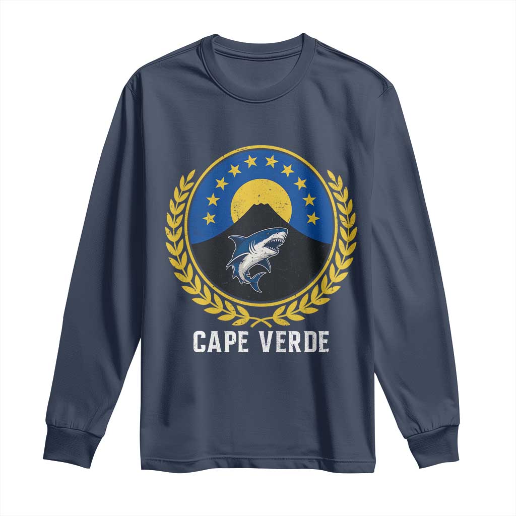 Cape Verde Volcano Blue Sharks Gold Laurel Crest Graphic Long Sleeve Shirt Retro Cabo Verde Heritage Pride TS02 Navy Print Your Wear