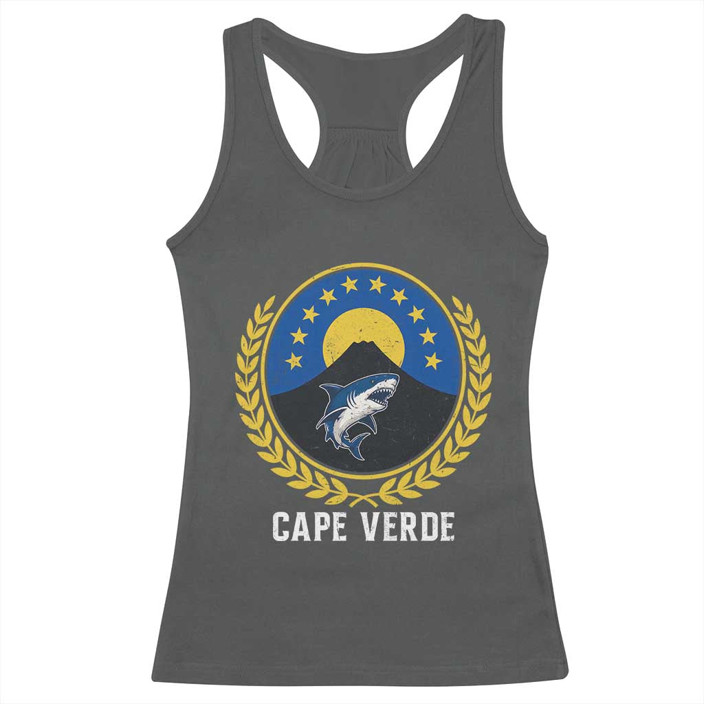 Cape Verde Volcano Blue Sharks Gold Laurel Crest Graphic Racerback Tank Top Retro Cabo Verde Heritage Pride TS02 Dark Heather Print Your Wear
