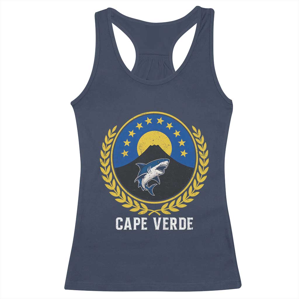 Cape Verde Volcano Blue Sharks Gold Laurel Crest Graphic Racerback Tank Top Retro Cabo Verde Heritage Pride TS02 Navy Print Your Wear
