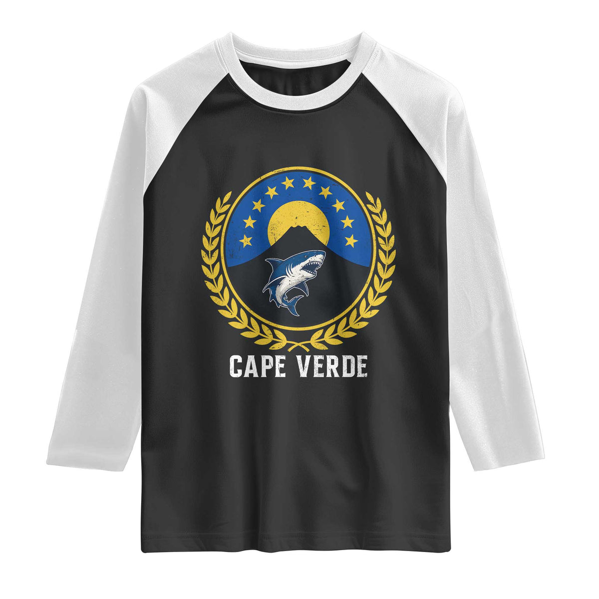 Cape Verde Volcano Blue Sharks Gold Laurel Crest Graphic Raglan Shirt Retro Cabo Verde Heritage Pride TS02 Black White Print Your Wear