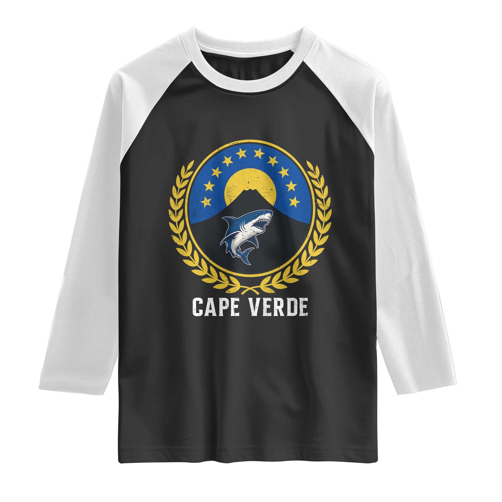 Cape Verde Volcano Blue Sharks Gold Laurel Crest Graphic Raglan Shirt Retro Cabo Verde Heritage Pride TS02 Black White Print Your Wear