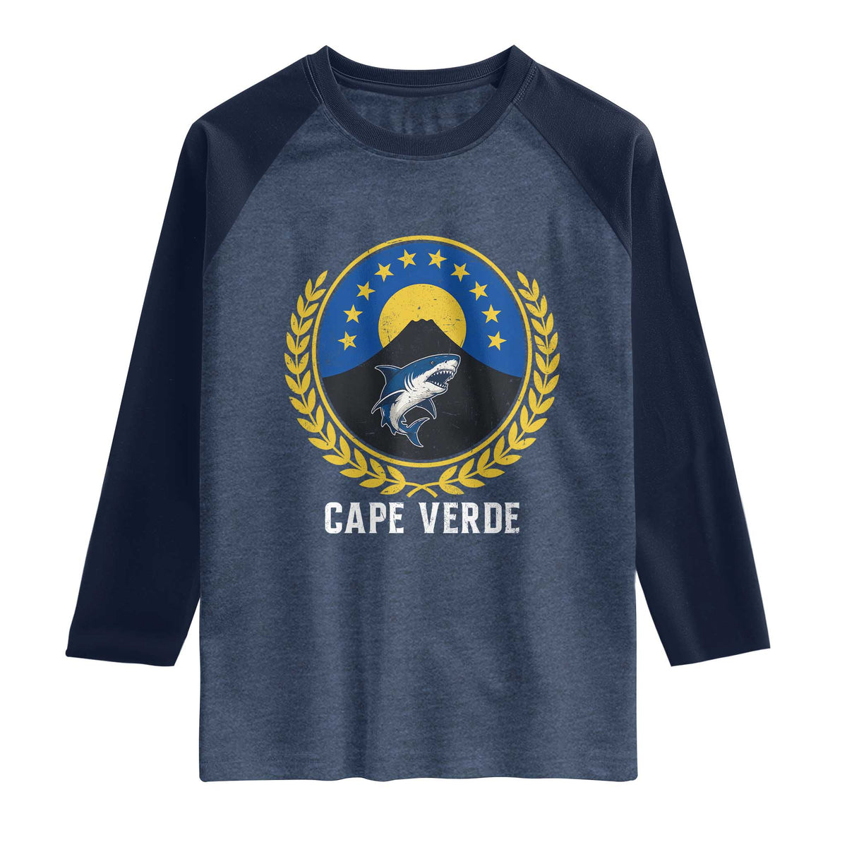 Cape Verde Volcano Blue Sharks Gold Laurel Crest Graphic Raglan Shirt Retro Cabo Verde Heritage Pride TS02 Heather Denim Navy Print Your Wear