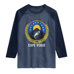 Cape Verde Volcano Blue Sharks Gold Laurel Crest Graphic Raglan Shirt Retro Cabo Verde Heritage Pride TS02 Heather Denim Navy Print Your Wear