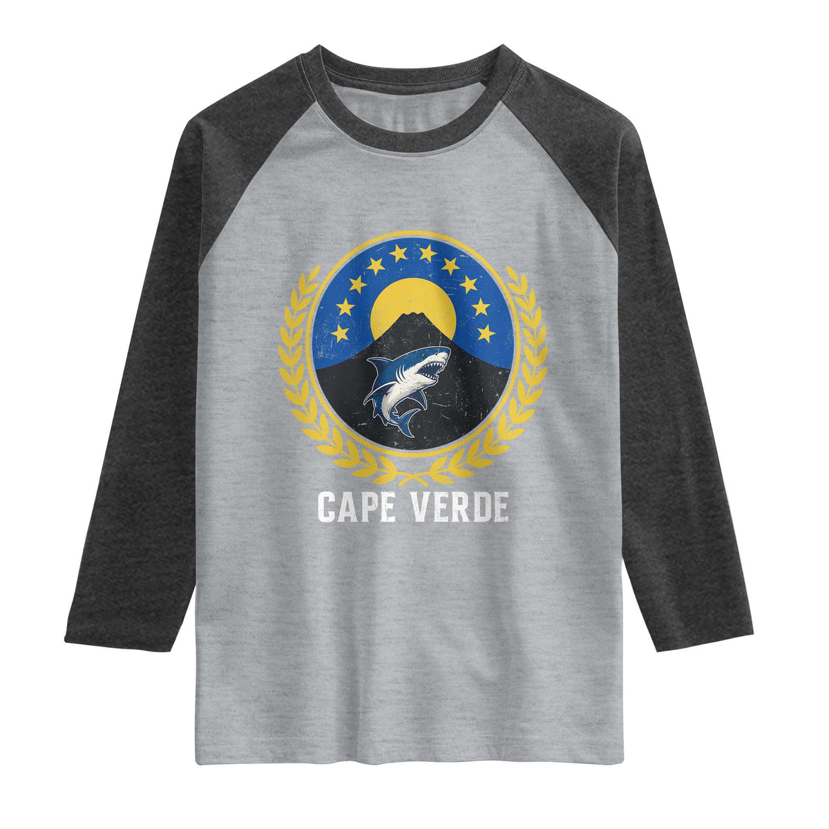 Cape Verde Volcano Blue Sharks Gold Laurel Crest Graphic Raglan Shirt Retro Cabo Verde Heritage Pride TS02 Heather Gray Heather Charcoal Print Your Wear