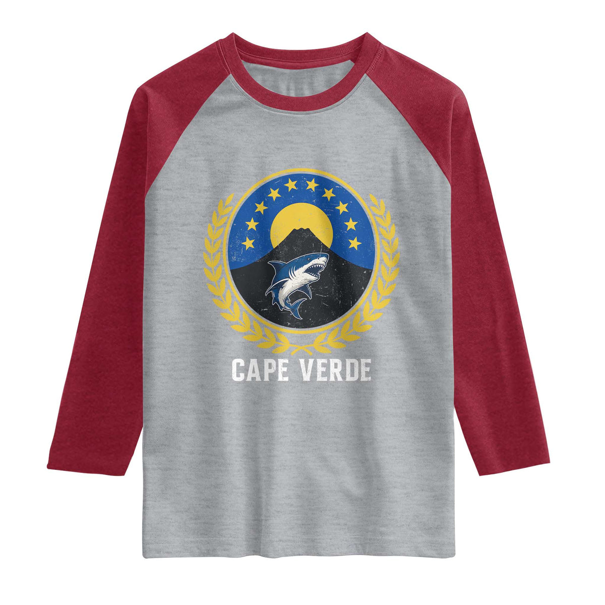 Cape Verde Volcano Blue Sharks Gold Laurel Crest Graphic Raglan Shirt Retro Cabo Verde Heritage Pride TS02 Heather Gray Heather Red Print Your Wear
