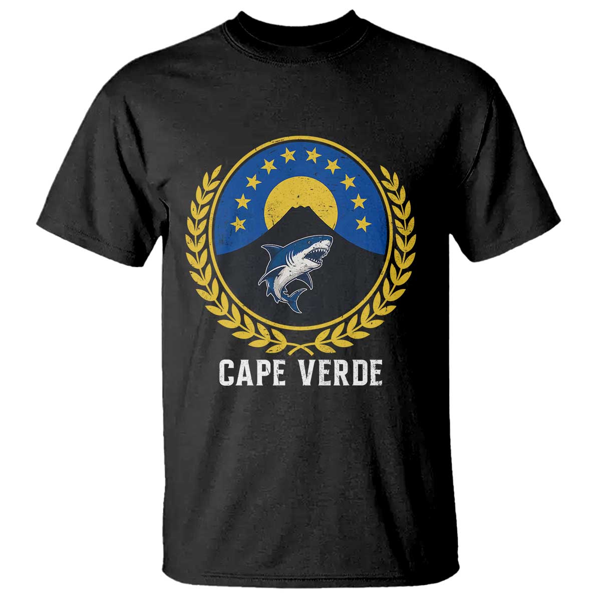 Cape Verde Volcano Blue Sharks Gold Laurel Crest Graphic T Shirt Retro Cabo Verde Heritage Pride TS02 Black Print Your Wear