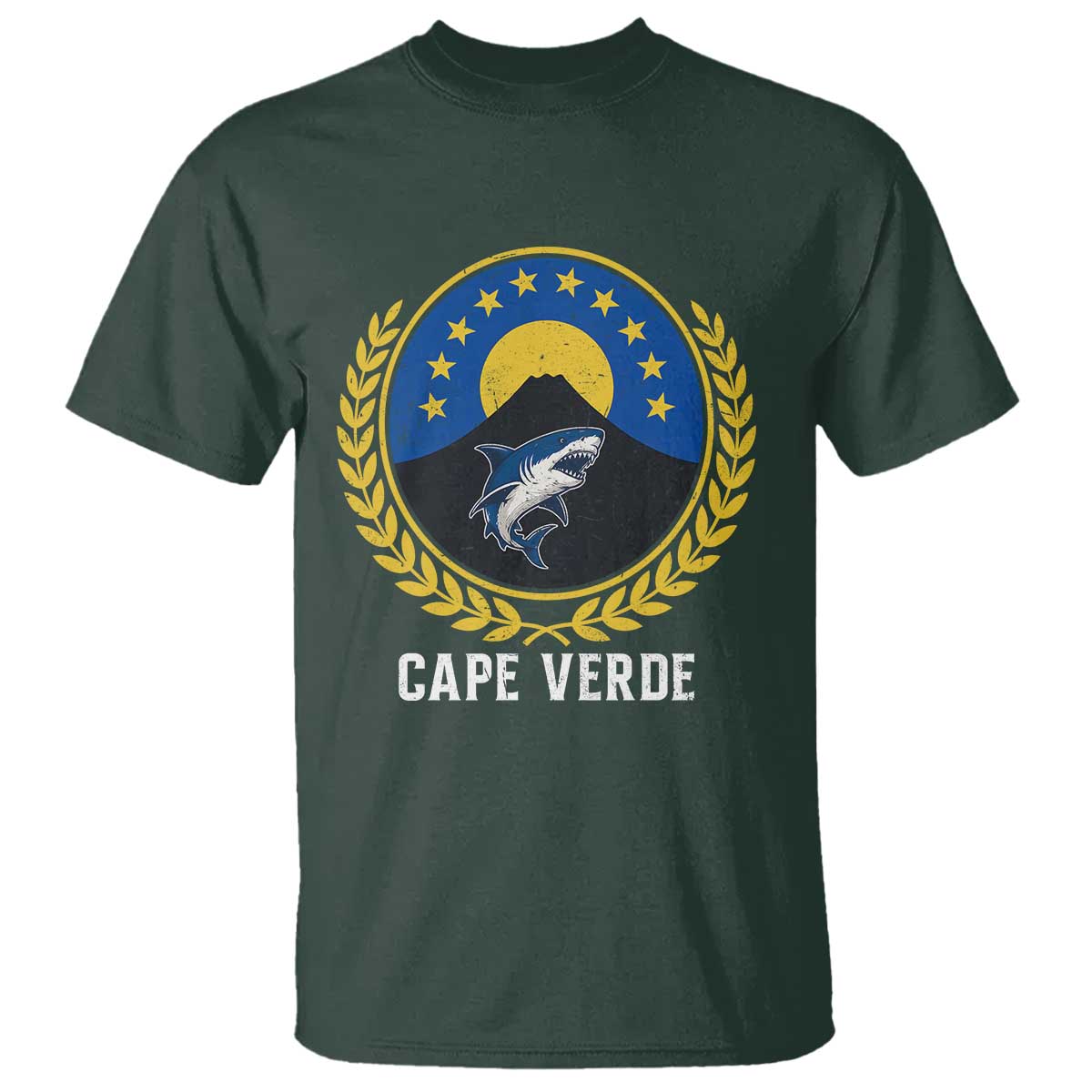 Cape Verde Volcano Blue Sharks Gold Laurel Crest Graphic T Shirt Retro Cabo Verde Heritage Pride TS02 Dark Forest Green Print Your Wear