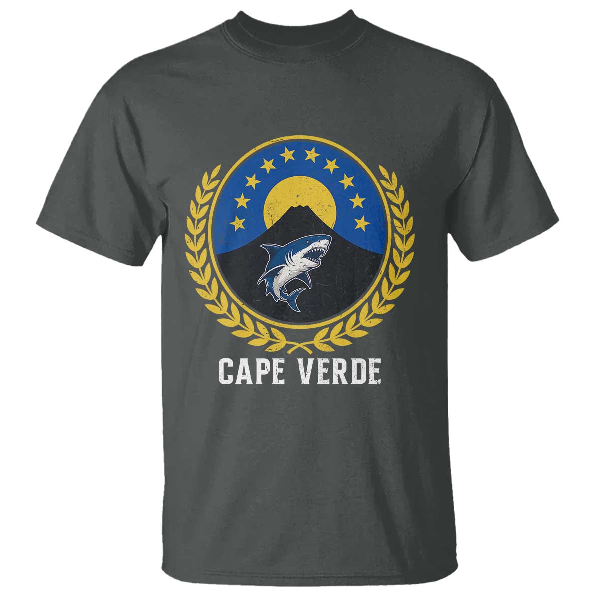 Cape Verde Volcano Blue Sharks Gold Laurel Crest Graphic T Shirt Retro Cabo Verde Heritage Pride TS02 Dark Heather Print Your Wear
