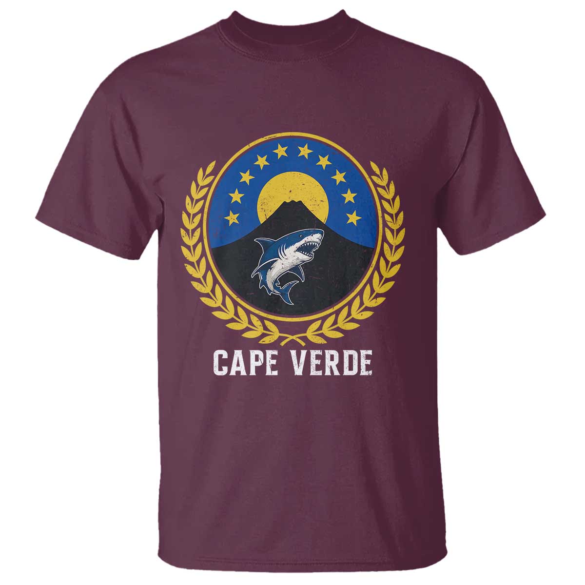 Cape Verde Volcano Blue Sharks Gold Laurel Crest Graphic T Shirt Retro Cabo Verde Heritage Pride TS02 Maroon Print Your Wear