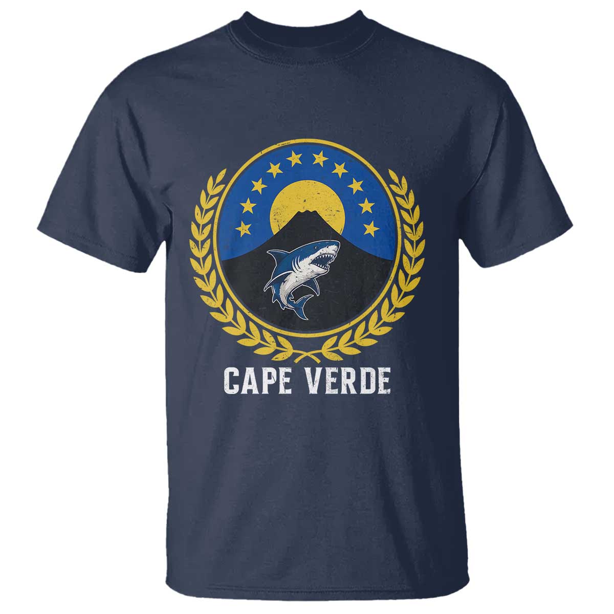 Cape Verde Volcano Blue Sharks Gold Laurel Crest Graphic T Shirt Retro Cabo Verde Heritage Pride TS02 Navy Print Your Wear