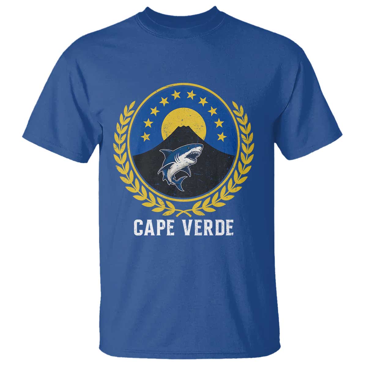Cape Verde Volcano Blue Sharks Gold Laurel Crest Graphic T Shirt Retro Cabo Verde Heritage Pride TS02 Royal Blue Print Your Wear