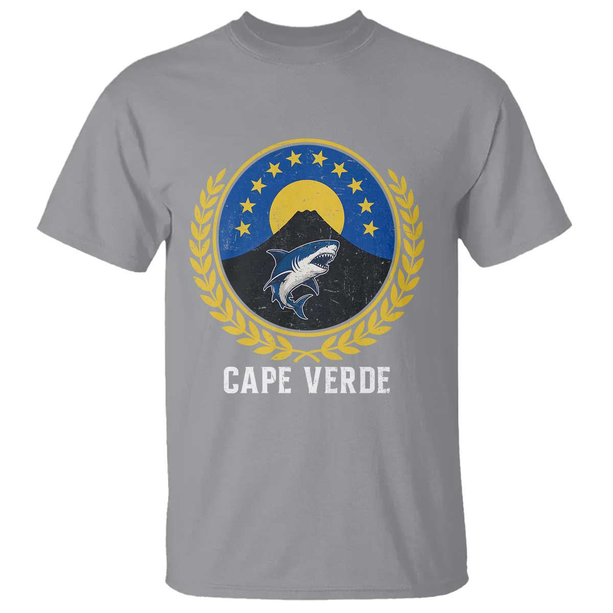 Cape Verde Volcano Blue Sharks Gold Laurel Crest Graphic T Shirt Retro Cabo Verde Heritage Pride TS02 Sport Gray Print Your Wear