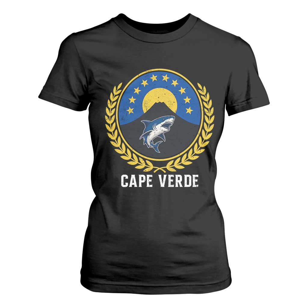 Cape Verde Volcano Blue Sharks Gold Laurel Crest Graphic T Shirt For Women Retro Cabo Verde Heritage Pride TS02 Black Print Your Wear