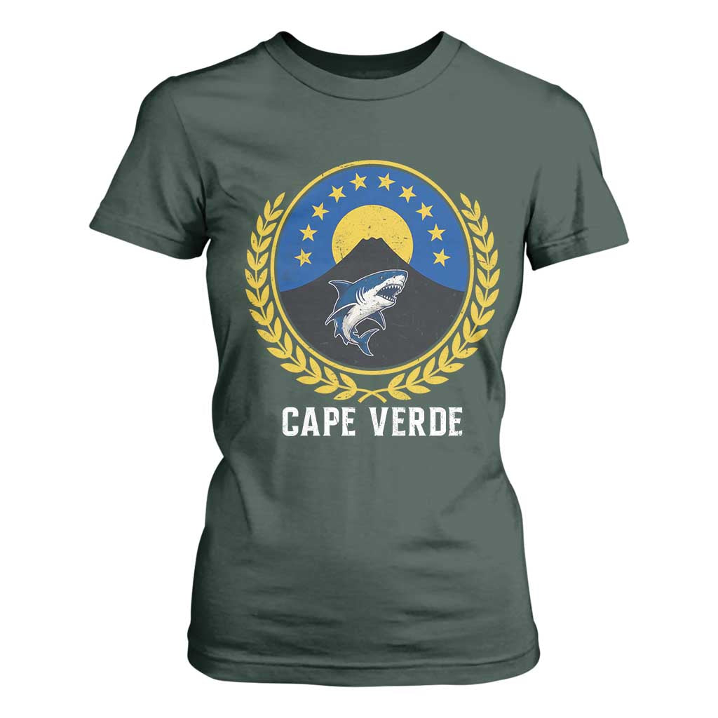 Cape Verde Volcano Blue Sharks Gold Laurel Crest Graphic T Shirt For Women Retro Cabo Verde Heritage Pride TS02 Dark Forest Green Print Your Wear