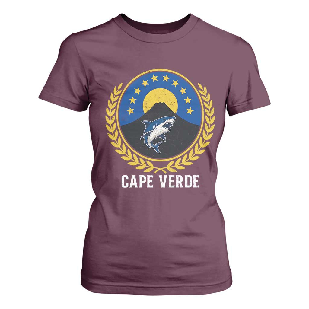 Cape Verde Volcano Blue Sharks Gold Laurel Crest Graphic T Shirt For Women Retro Cabo Verde Heritage Pride TS02 Maroon Print Your Wear