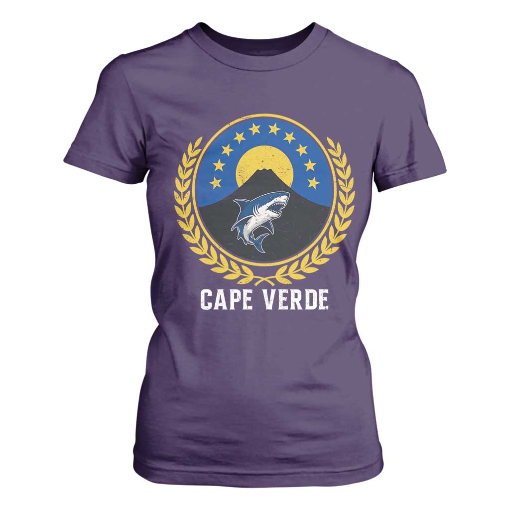 Cape Verde Volcano Blue Sharks Gold Laurel Crest Graphic T Shirt For Women Retro Cabo Verde Heritage Pride TS02 Purple Print Your Wear