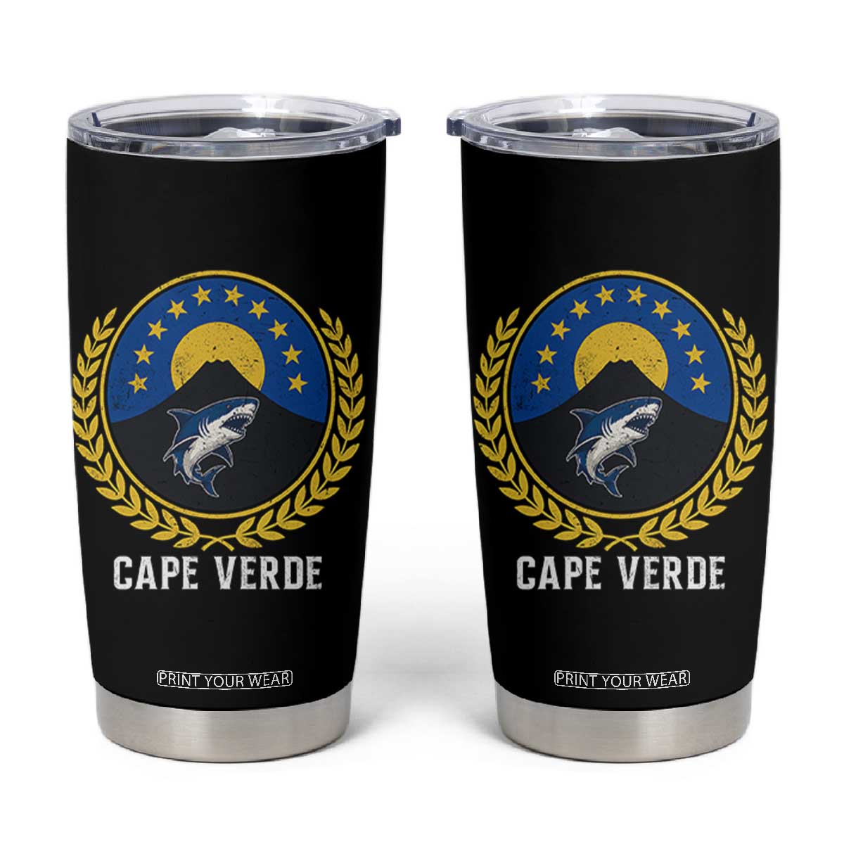 Cape Verde Volcano Blue Sharks Gold Laurel Crest Graphic Tumbler Cup Retro Cabo Verde Heritage Pride TS02 Black Print Your Wear