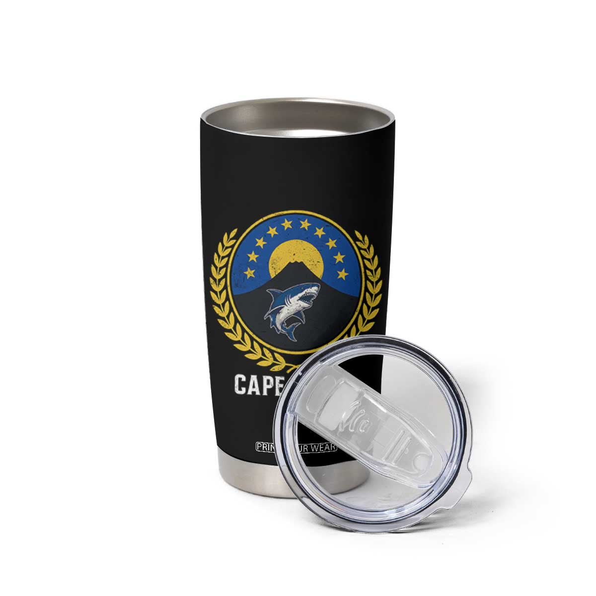 Cape Verde Volcano Blue Sharks Gold Laurel Crest Graphic Tumbler Cup Retro Cabo Verde Heritage Pride TS02 Print Your Wear