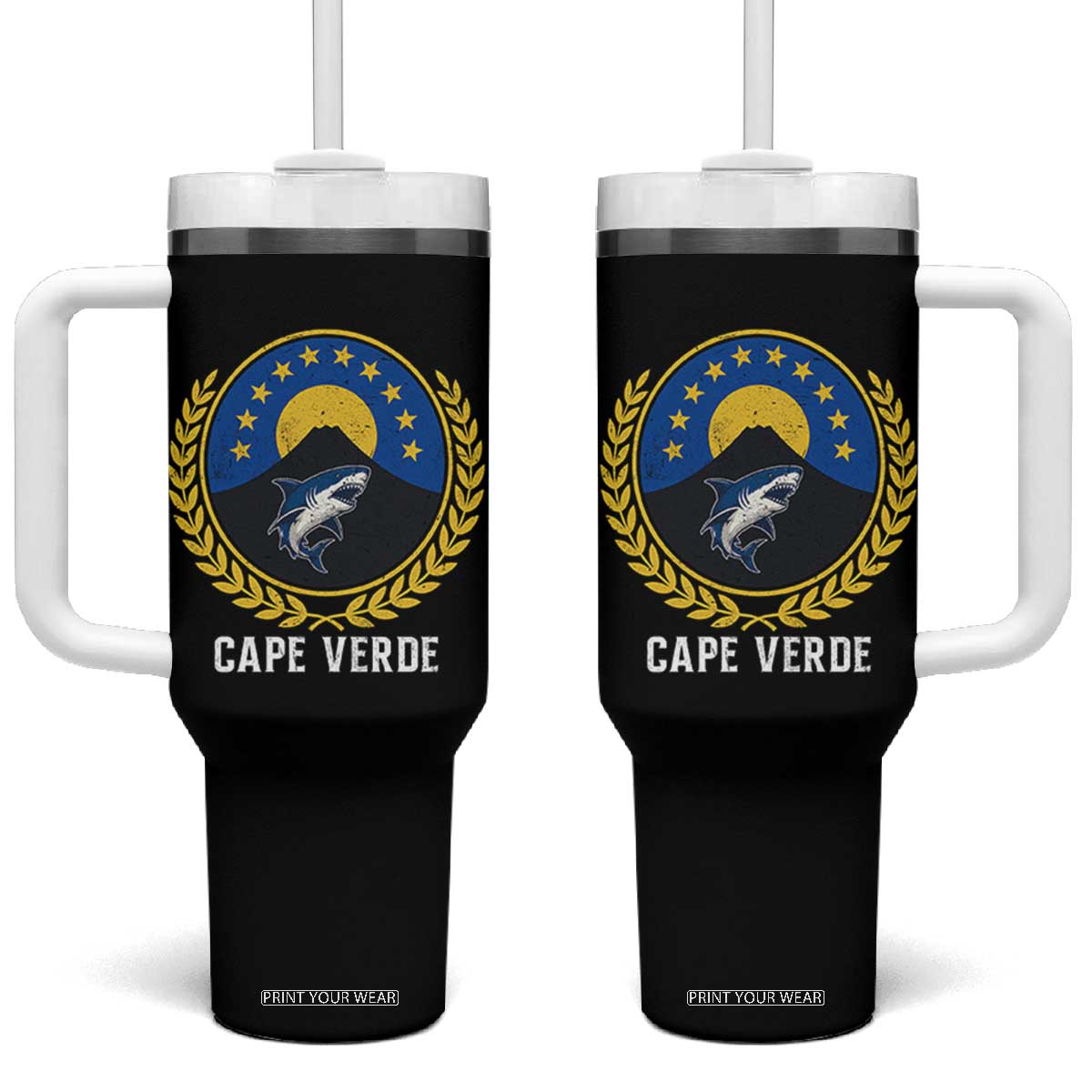Cape Verde Volcano Blue Sharks Gold Laurel Crest Graphic Tumbler With Handle Retro Cabo Verde Heritage Pride TS02 One Size: 40 oz Black Print Your Wear