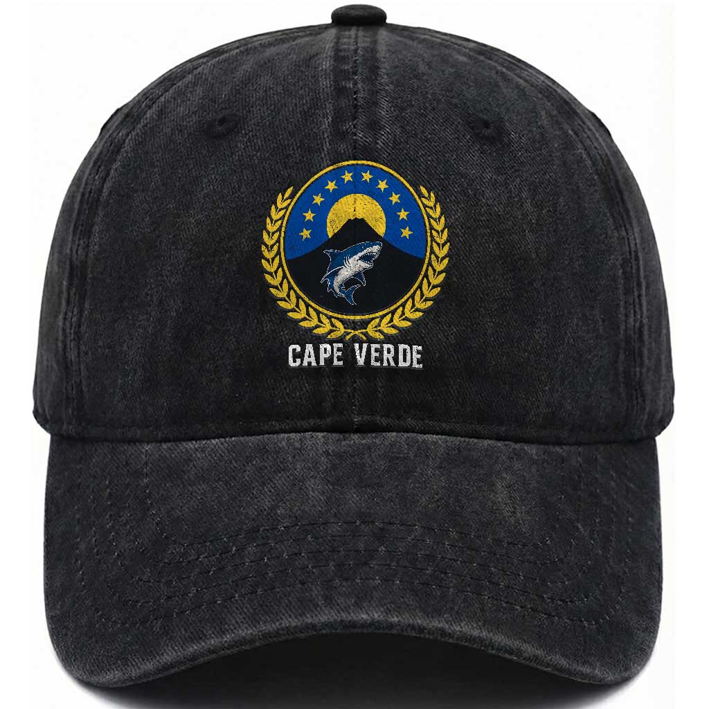Cape Verde Volcano Blue Sharks Gold Laurel Crest Graphic Washed Cotton Baseball Cap Retro Cabo Verde Heritage Pride TS02 Print Your Wear