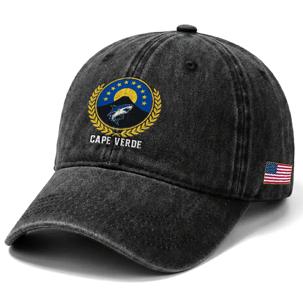 Cape Verde Volcano Blue Sharks Gold Laurel Crest Graphic Washed Cotton Baseball Cap Retro Cabo Verde Heritage Pride TS02 Print Your Wear