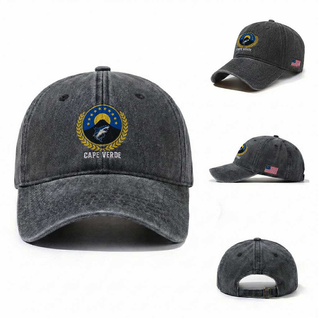 Cape Verde Volcano Blue Sharks Gold Laurel Crest Graphic Washed Cotton Baseball Cap Retro Cabo Verde Heritage Pride TS02 Washed Cap Universal Fit Dark Gray Print Your Wear