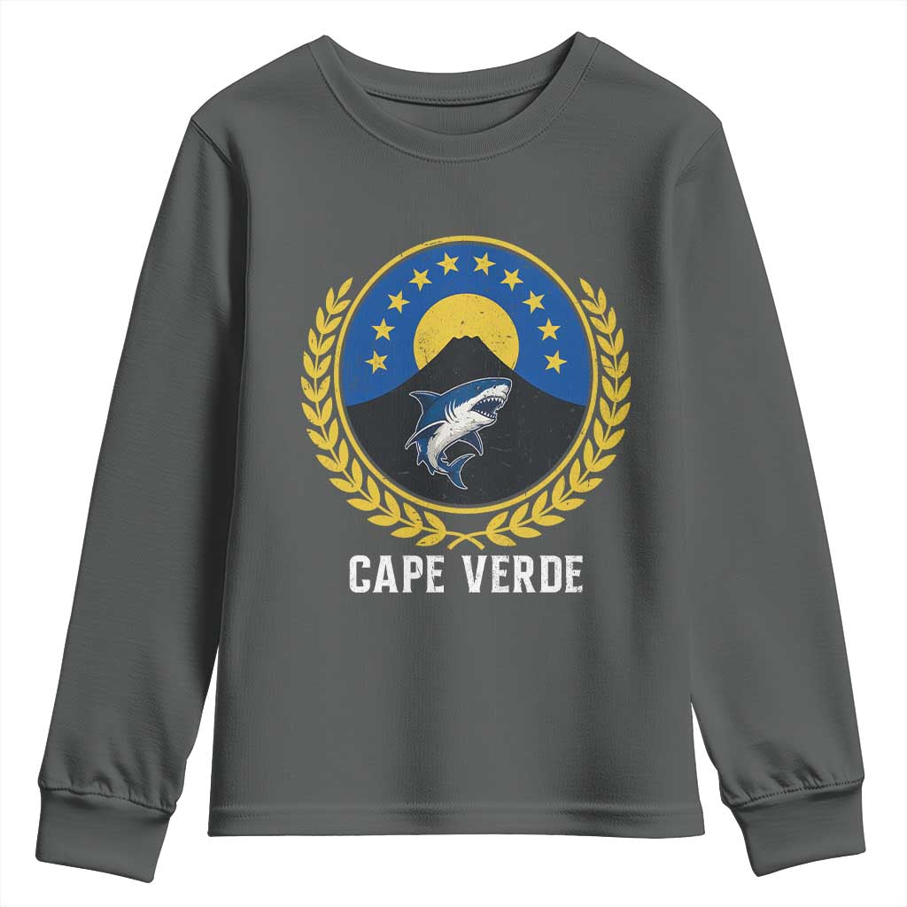 Cape Verde Volcano Blue Sharks Gold Laurel Crest Graphic Youth Sweatshirt Retro Cabo Verde Heritage Pride TS02 Dark Heather Print Your Wear