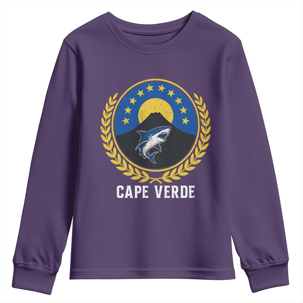 Cape Verde Volcano Blue Sharks Gold Laurel Crest Graphic Youth Sweatshirt Retro Cabo Verde Heritage Pride TS02 Purple Print Your Wear