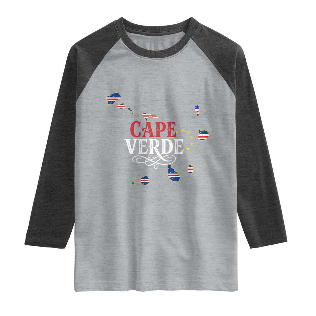 Cabo Verde Islands Flag Map Raglan Shirt Cape Verde Vintage Pride TS02 Heather Gray Heather Charcoal Print Your Wear