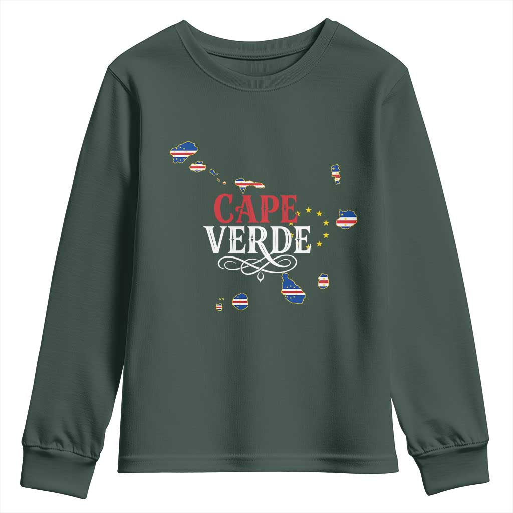 Cabo Verde Islands Flag Map Youth Sweatshirt Cape Verde Vintage Pride TS02 Dark Forest Green Print Your Wear