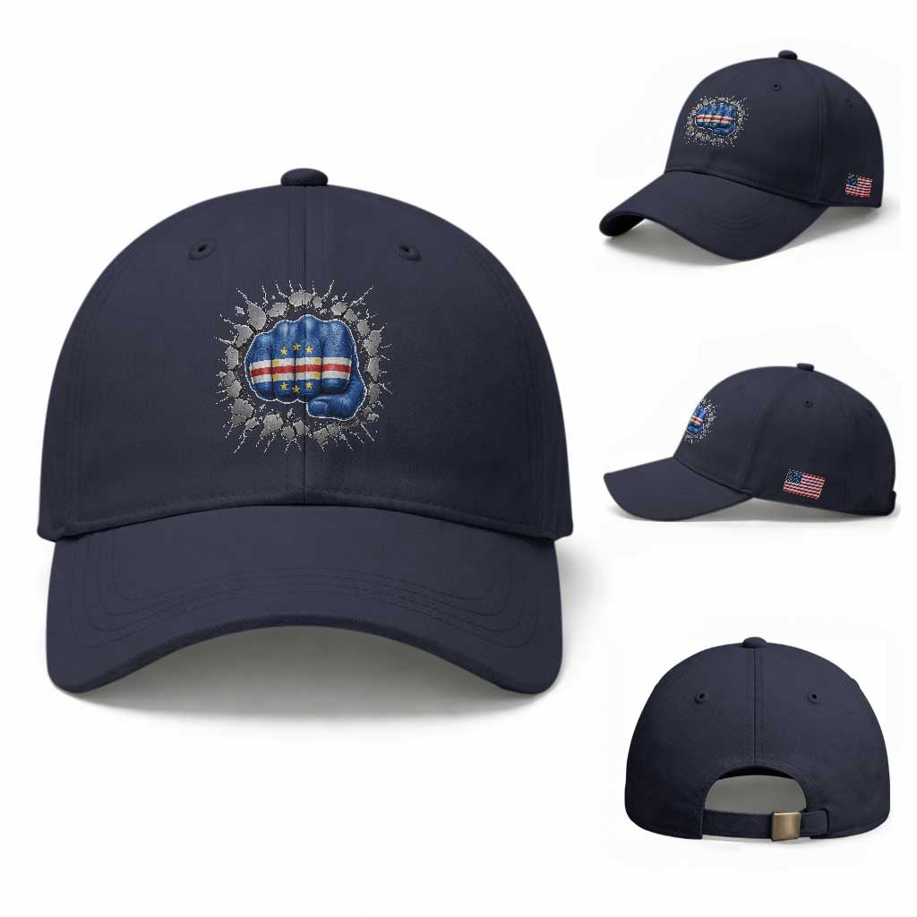 Cape Verde Flag Fist Power Stone Wall Break Graphic Baseball Cap Cabo Verde Strong Roots National Pride TS02 Baseball Cap Universal Fit Navy Print Your Wear