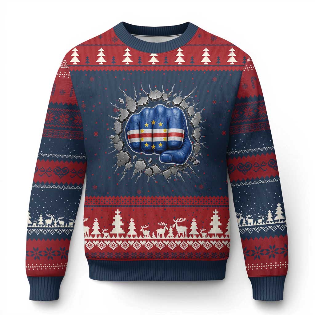 Cape Verde Flag Fist Power Stone Wall Break Graphic Ugly Christmas Sweater Cabo Verde Strong Roots National Pride TS02 Navy Red Print Your Wear