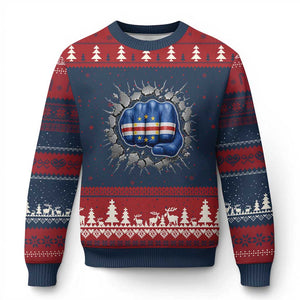 Cape Verde Flag Fist Power Stone Wall Break Graphic Ugly Christmas Sweater Cabo Verde Strong Roots National Pride TS02 Navy Red Print Your Wear