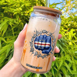 Cape Verde Flag Fist Power Stone Wall Break Graphic Glass Can Cabo Verde Strong Roots National Pride TS02 Black Print Your Wear