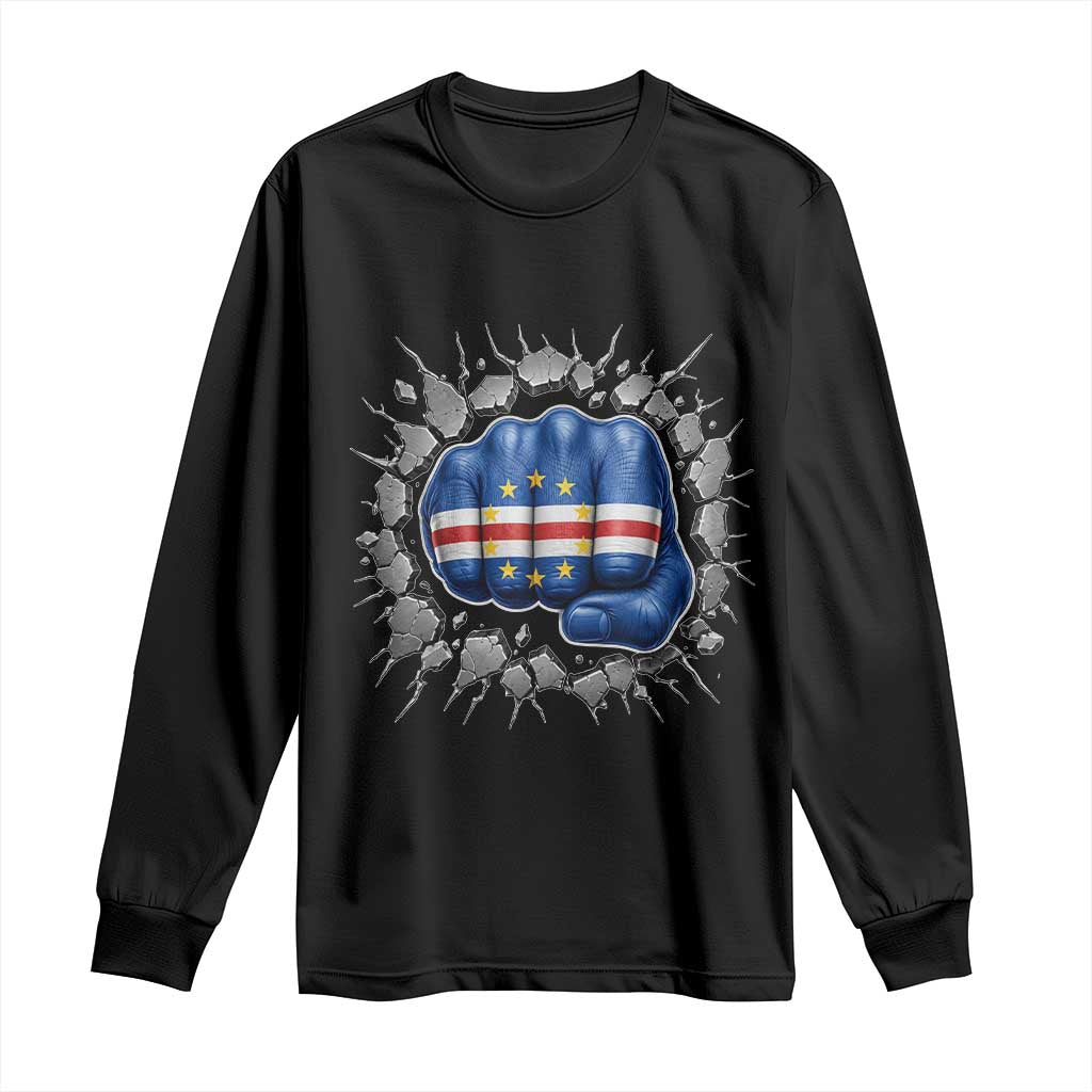 Cape Verde Flag Fist Power Stone Wall Break Graphic Long Sleeve Shirt Cabo Verde Strong Roots National Pride TS02 Black Print Your Wear