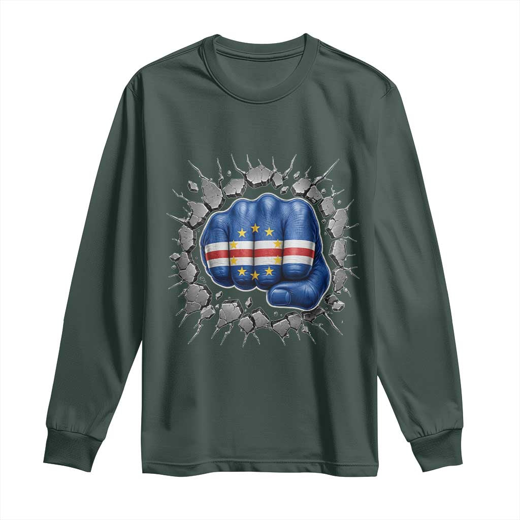 Cape Verde Flag Fist Power Stone Wall Break Graphic Long Sleeve Shirt Cabo Verde Strong Roots National Pride TS02 Dark Forest Green Print Your Wear