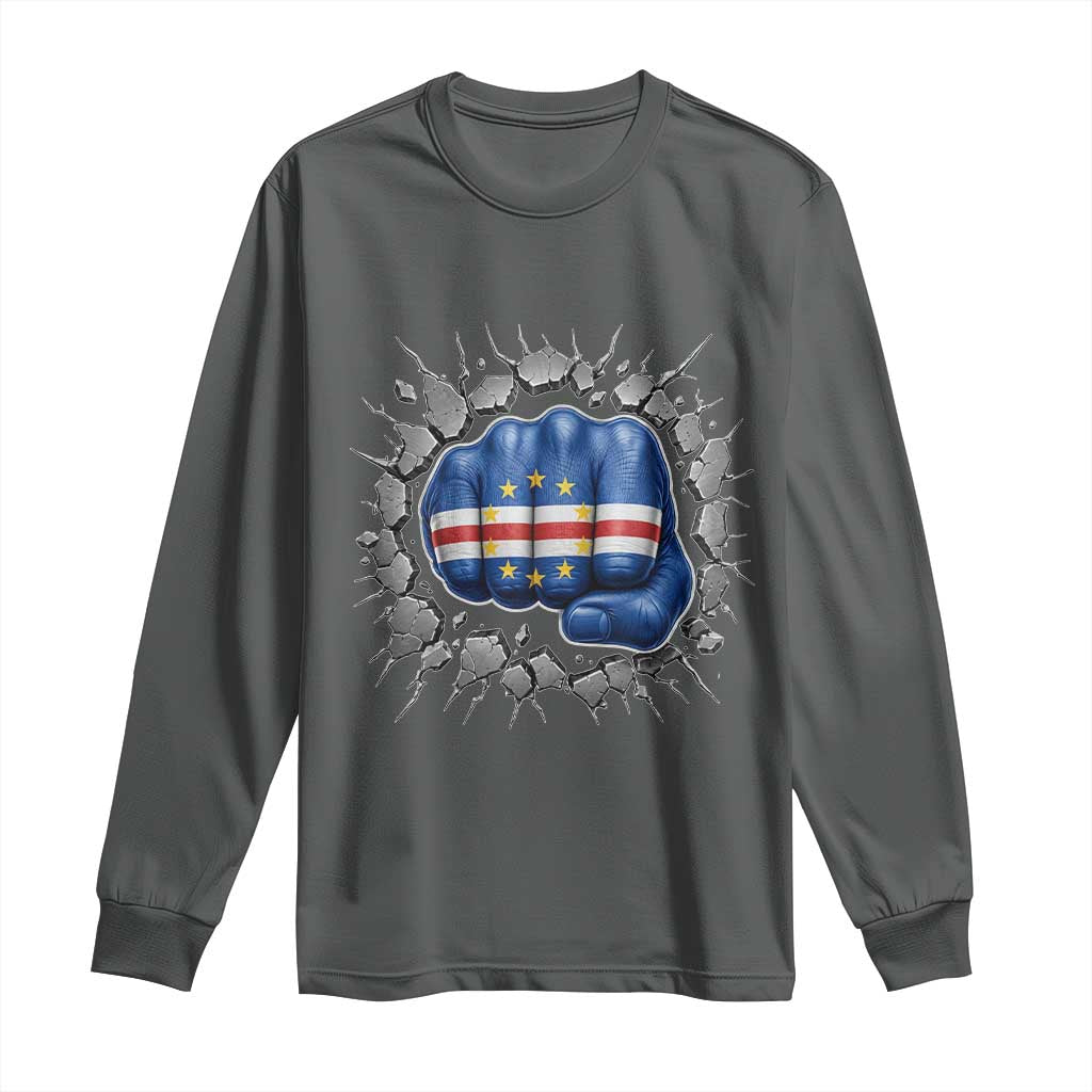 Cape Verde Flag Fist Power Stone Wall Break Graphic Long Sleeve Shirt Cabo Verde Strong Roots National Pride TS02 Dark Heather Print Your Wear